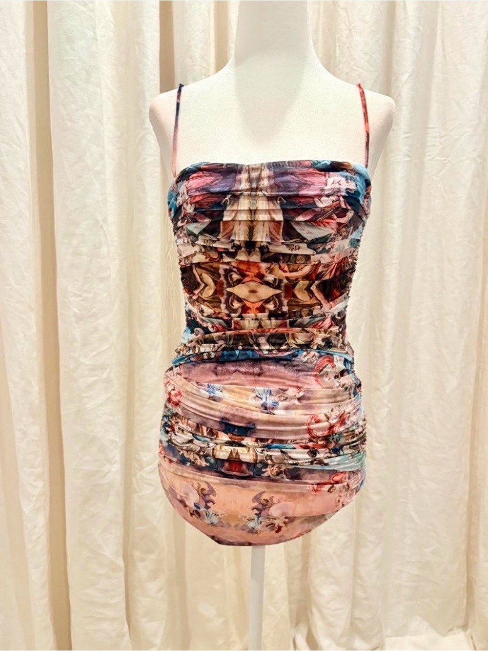 Printed Ruched Spaghetti-Strap Mini Dress in Pink Multi